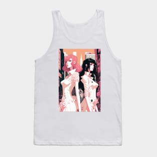 Pink and Black - Cyberpunk Illustrated Portrait Two Women Posing in Front of a Bustling Cityscape Tank Top